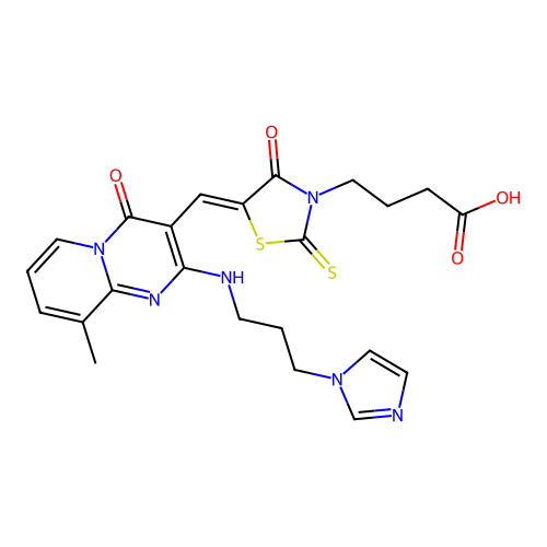 (Z)-4-(5-((2-((3-(1H-imidazol-1-yl)propyl)amino)-9-methyl-4-oxo-4H-pyrido[1,2-a]pyrimidin-3-yl)methylene)-4-oxo-2-thioxothiazolidin-3-yl)butanoic acid structure