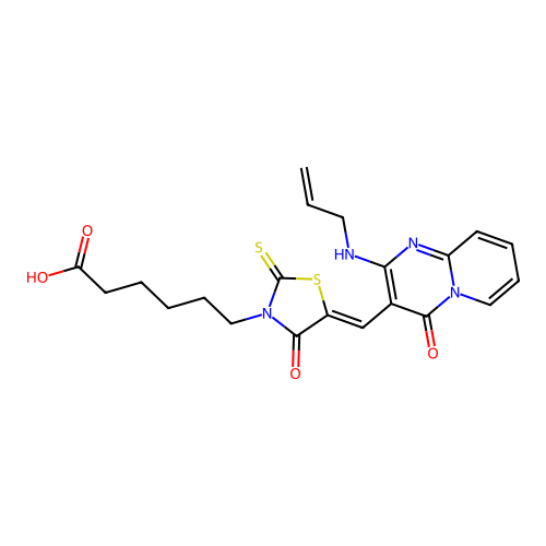 (Z)-6-(5-((2-(allylamino)-4-oxo-4H-pyrido[1,2-a]pyrimidin-3-yl)methylene)-4-oxo-2-thioxothiazolidin-3-yl)hexanoic acid structure