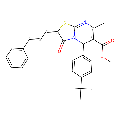 methyl 5-[4-(tert-butyl)phenyl]-7-methyl-3-oxo-2-[(E,2E)-3-phenyl-2-propenylidene]-2,3-dihydro-5H-[1,3]thiazolo[3,2-a]pyrimidine-6-carboxylate structure