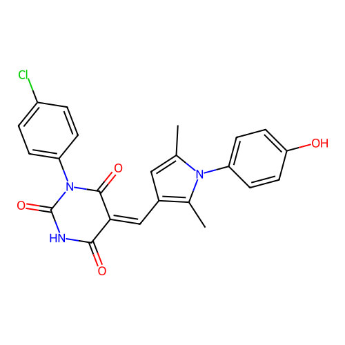 (5Z)-1-(4-chlorophenyl)-5-[[1-(4-hydroxyphenyl)-2,5-dimethylpyrrol-3-yl]methylidene]-1,3-diazinane-2,4,6-trione structure