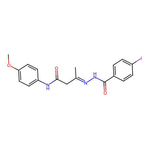 (3E)-3-{2-[(4-iodophenyl)carbonyl]hydrazinylidene}-N-(4-methoxyphenyl)butanamide structure