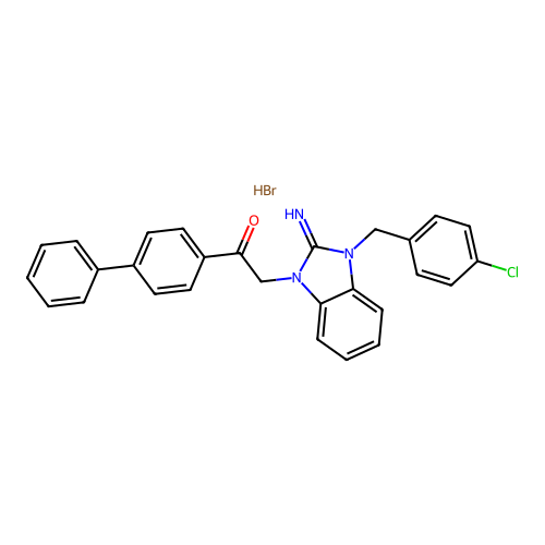 1-([1,1'-biphenyl]-4-yl)-2-(3-(4-chlorobenzyl)-2-imino-2,3-dihydro-1H-benzo[d]imidazol-1-yl)ethanone hydrobromide structure