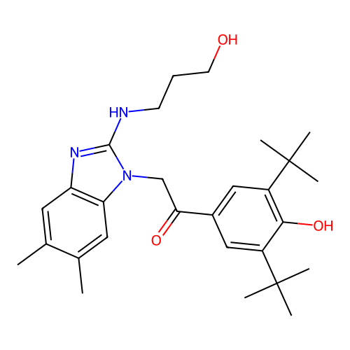 1-(3,5-di-tert-butyl-4-hydroxyphenyl)-2-(2-(3-hydroxypropylamino)-5,6-dimethyl-1H-benzo[d]imidazol-1-yl)ethanone structure