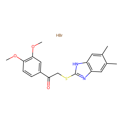 1-(3,4-dimethoxyphenyl)-2-((5,6-dimethyl-1H-benzo[d]imidazol-2-yl)thio)ethanone hydrobromide structure