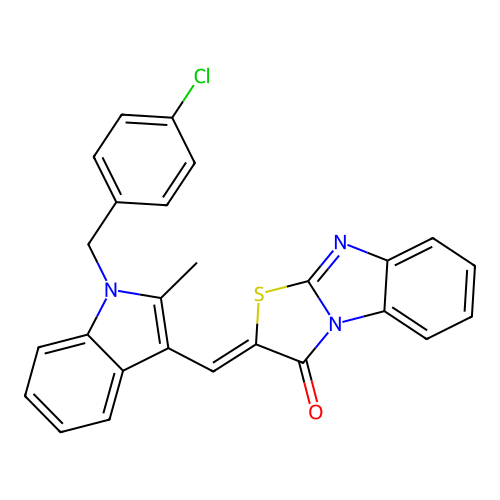 (Z)-2-((1-(4-chlorobenzyl)-2-methyl-1H-indol-3-yl)methylene)benzo[4,5]imidazo[2,1-b]thiazol-3(2H)-one structure