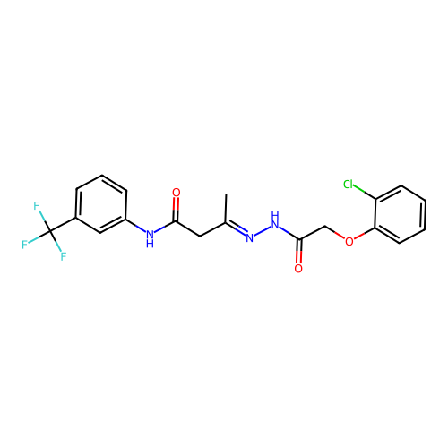 (3E)-3-{2-[(2-chlorophenoxy)acetyl]hydrazinylidene}-N-[3-(trifluoromethyl)phenyl]butanamide structure