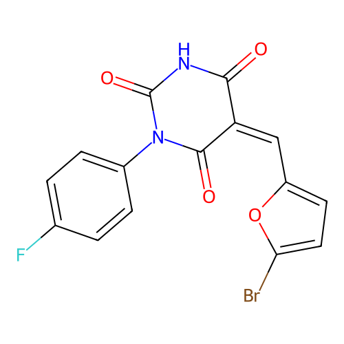 (5Z)-5-[(5-bromofuran-2-yl)methylidene]-1-(4-fluorophenyl)-1,3-diazinane-2,4,6-trione structure