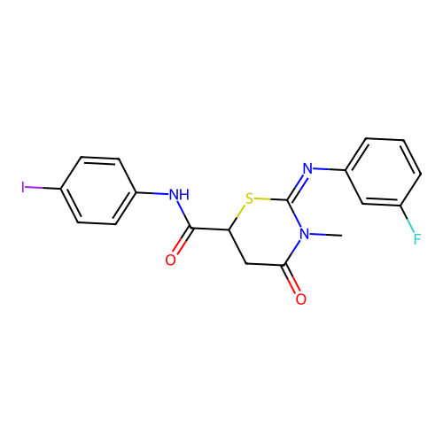 (2Z)-2-[(3-fluorophenyl)imino]-N-(4-iodophenyl)-3-methyl-4-oxo-1,3-thiazinane-6-carboxamide structure