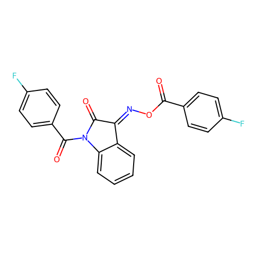 (3E)-1-[(4-fluorophenyl)carbonyl]-3-({[(4-fluorophenyl)carbonyl]oxy}imino)-1,3-dihydro-2H-indol-2-one structure
