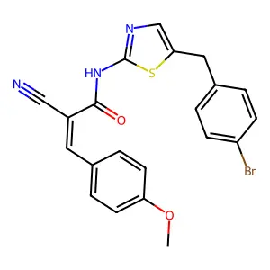 (Z)-N-(5-(4-bromobenzyl)thiazol-2-yl)-2-cyano-3-(4-methoxyphenyl)acrylamide structure