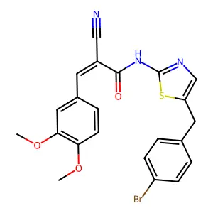 (Z)-N-(5-(4-bromobenzyl)thiazol-2-yl)-2-cyano-3-(3,4-dimethoxyphenyl)acrylamide structure