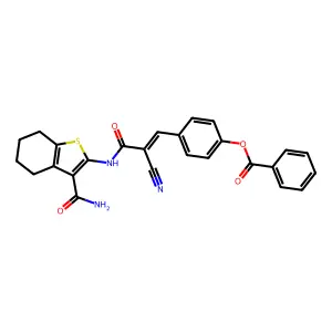 (E)-4-(3-((3-carbamoyl-4,5,6,7-tetrahydrobenzo[b]thiophen-2-yl)amino)-2-cyano-3-oxoprop-1-en-1-yl)phenyl benzoate structure