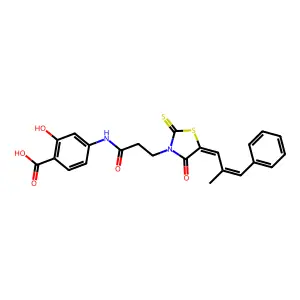 2-hydroxy-4-(3-((Z)-5-((E)-2-methyl-3-phenylallylidene)-4-oxo-2-thioxothiazolidin-3-yl)propanamido)benzoic acid structure