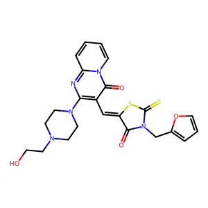 3-{(Z)-[3-(furan-2-ylmethyl)-4-oxo-2-thioxo-1,3-thiazolidin-5-ylidene]methyl}-2-[4-(2-hydroxyethyl)piperazin-1-yl]-4H-pyrido[1,2-a]pyrimidin-4-one structure