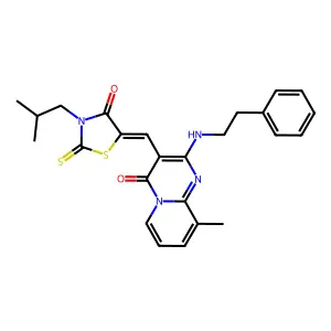 3-[(Z)-(3-isobutyl-4-oxo-2-thioxo-1,3-thiazolidin-5-ylidene)methyl]-9-methyl-2-[(2-phenylethyl)amino]-4H-pyrido[1,2-a]pyrimidin-4-one structure