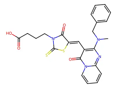 4-(5-((2-(Benzyl(methyl)amino)-4-oxo-4H-pyrido[1,2-a]pyrimidin-3-yl)methylene)-4-oxo-2-thioxothiazolidin-3-yl)butanoic acid structure