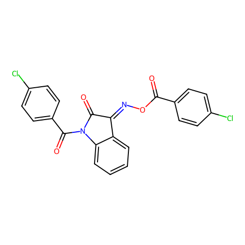 (3E)-1-[(4-chlorophenyl)carbonyl]-3-({[(4-chlorophenyl)carbonyl]oxy}imino)-1,3-dihydro-2H-indol-2-one structure