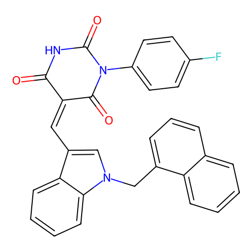 (5Z)-1-(4-fluorophenyl)-5-[[1-(naphthalen-1-ylmethyl)indol-3-yl]methylidene]-1,3-diazinane-2,4,6-trione structure