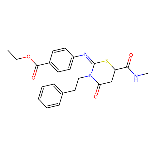 (Z)-ethyl 4-((6-(methylcarbamoyl)-4-oxo-3-phenethyl-1,3-thiazinan-2-ylidene)amino)benzoate structure