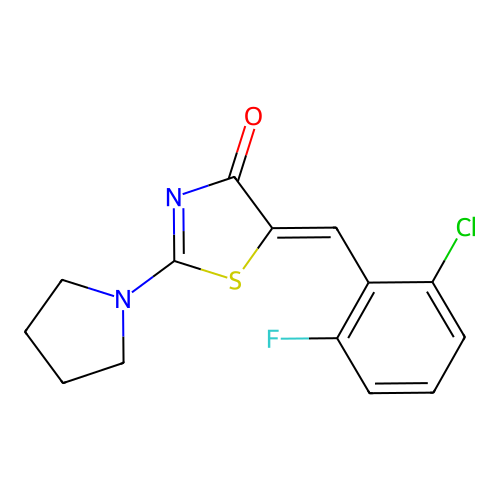 (5Z)-5-(2-chloro-6-fluorobenzylidene)-2-(pyrrolidin-1-yl)-1,3-thiazol-4(5H)-one structure