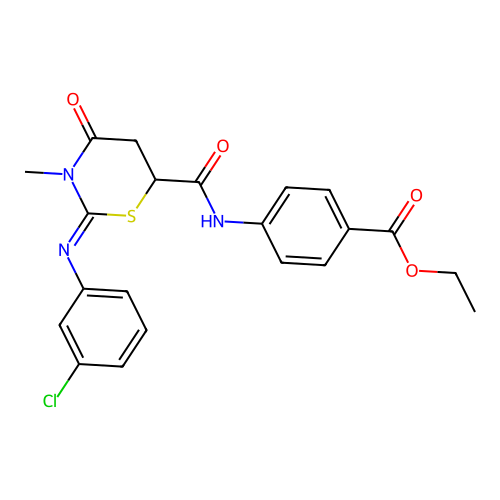 (Z)-ethyl 4-(2-((3-chlorophenyl)imino)-3-methyl-4-oxo-1,3-thiazinane-6-carboxamido)benzoate structure