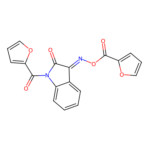 (3E)-1-(furan-2-ylcarbonyl)-3-{[(furan-2-ylcarbonyl)oxy]imino}-1,3-dihydro-2H-indol-2-one structure
