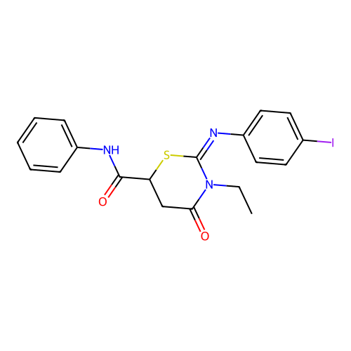(2Z)-3-ethyl-2-[(4-iodophenyl)imino]-4-oxo-N-phenyl-1,3-thiazinane-6-carboxamide structure