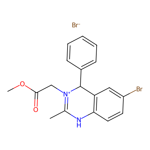 6-bromo-3-(2-methoxy-2-oxoethyl)-2-methyl-4-phenyl-1,4-dihydroquinazolin-3-ium bromide structure