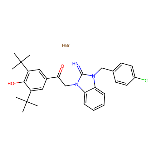 2-(3-(4-chlorobenzyl)-2-imino-2,3-dihydro-1H-benzo[d]imidazol-1-yl)-1-(3,5-di-tert-butyl-4-hydroxyphenyl)ethanone hydrobromide structure