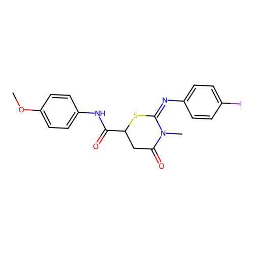 (2Z)-2-[(4-iodophenyl)imino]-N-(4-methoxyphenyl)-3-methyl-4-oxo-1,3-thiazinane-6-carboxamide structure