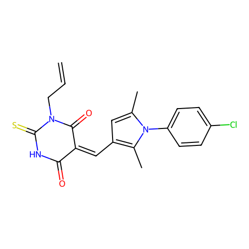 (5Z)-5-[[1-(4-chlorophenyl)-2,5-dimethylpyrrol-3-yl]methylidene]-1-prop-2-enyl-2-sulfanylidene-1,3-diazinane-4,6-dione structure