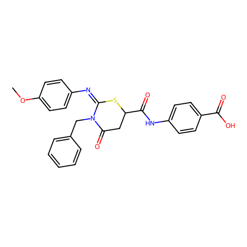 4-[({(2Z)-3-benzyl-2-[(4-methoxyphenyl)imino]-4-oxo-1,3-thiazinan-6-yl}carbonyl)amino]benzoic acid structure
