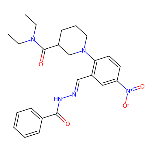 (E)-1-(2-((2-benzoylhydrazono)methyl)-4-nitrophenyl)-N,N-diethylpiperidine-3-carboxamide structure