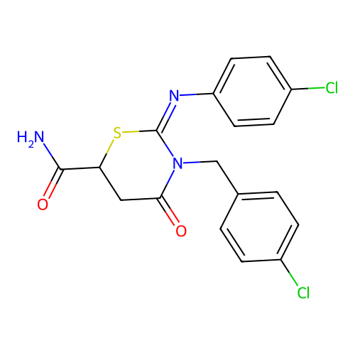 (2Z)-3-(4-chlorobenzyl)-2-[(4-chlorophenyl)imino]-4-oxo-1,3-thiazinane-6-carboxamide structure