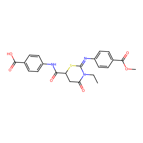 4-({[(2Z)-3-ethyl-2-{[4-(methoxycarbonyl)phenyl]imino}-4-oxo-1,3-thiazinan-6-yl]carbonyl}amino)benzoic acid structure
