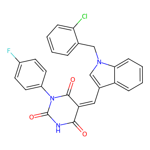 (5Z)-5-[[1-[(2-chlorophenyl)methyl]indol-3-yl]methylidene]-1-(4-fluorophenyl)-1,3-diazinane-2,4,6-trione structure