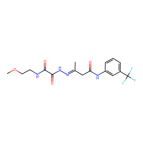 3-[(2-Methoxy-ethylaminooxalyl)-hydrazono]-N-(3-trifluoromethyl-phenyl)-butyramide structure