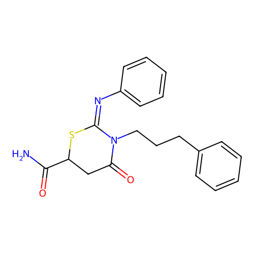 (2Z)-4-oxo-2-(phenylimino)-3-(3-phenylpropyl)-1,3-thiazinane-6-carboxamide structure