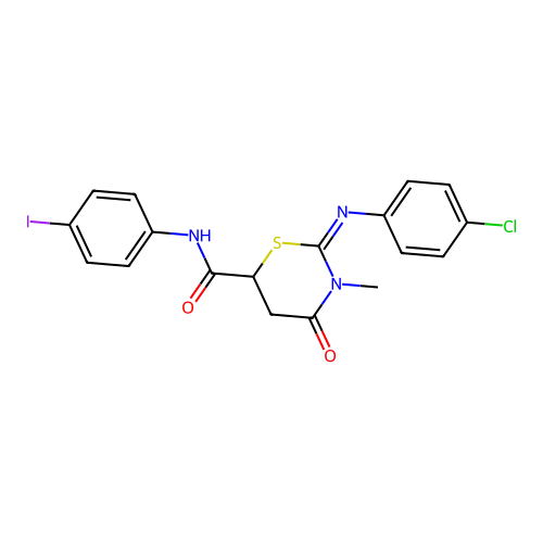 (2Z)-2-[(4-chlorophenyl)imino]-N-(4-iodophenyl)-3-methyl-4-oxo-1,3-thiazinane-6-carboxamide structure