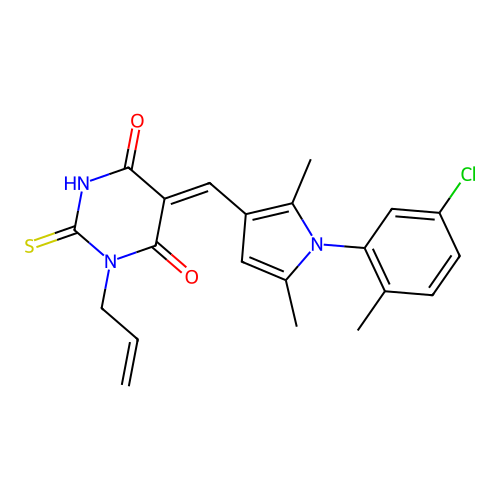 (5Z)-5-[[1-(5-chloro-2-methylphenyl)-2,5-dimethylpyrrol-3-yl]methylidene]-1-prop-2-enyl-2-sulfanylidene-1,3-diazinane-4,6-dione structure