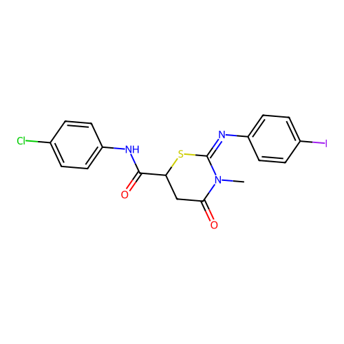 (2Z)-N-(4-chlorophenyl)-2-[(4-iodophenyl)imino]-3-methyl-4-oxo-1,3-thiazinane-6-carboxamide structure