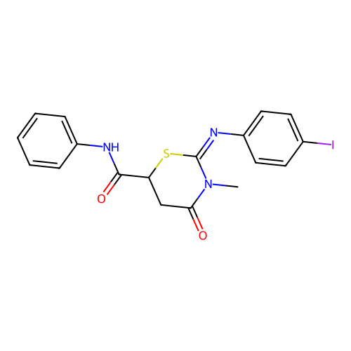(Z)-2-((4-iodophenyl)imino)-3-methyl-4-oxo-N-phenyl-1,3-thiazinane-6-carboxamide structure