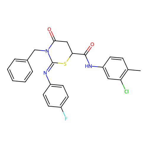 (2Z)-3-benzyl-N-(3-chloro-4-methylphenyl)-2-[(4-fluorophenyl)imino]-4-oxo-1,3-thiazinane-6-carboxamide structure