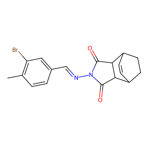 2-{[(E)-(3-bromo-4-methylphenyl)methylidene]amino}-3a,4,7,7a-tetrahydro-1H-4,7-ethanoisoindole-1,3(2H)-dione structure