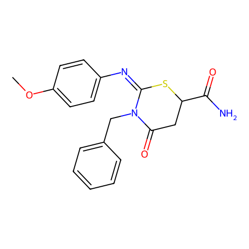 (Z)-3-benzyl-2-((4-methoxyphenyl)imino)-4-oxo-1,3-thiazinane-6-carboxamide structure