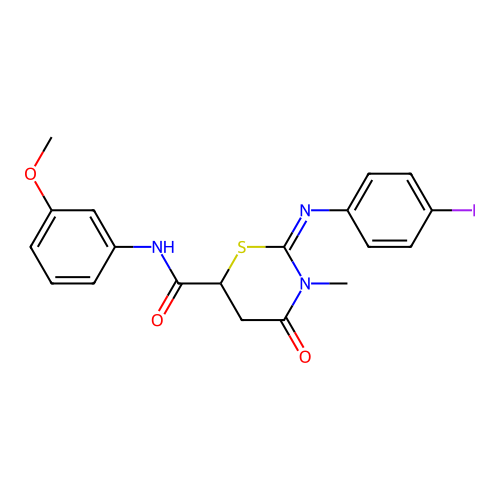 (Z)-2-((4-iodophenyl)imino)-N-(3-methoxyphenyl)-3-methyl-4-oxo-1,3-thiazinane-6-carboxamide structure