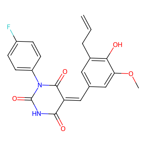 (5Z)-1-(4-fluorophenyl)-5-[(4-hydroxy-3-methoxy-5-prop-2-enylphenyl)methylidene]-1,3-diazinane-2,4,6-trione structure