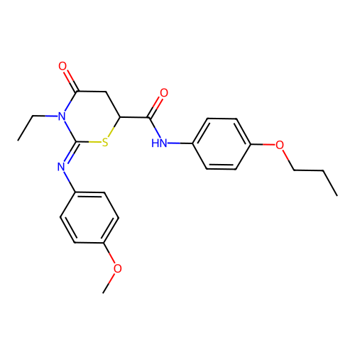 (2Z)-3-ethyl-2-[(4-methoxyphenyl)imino]-4-oxo-N-(4-propoxyphenyl)-1,3-thiazinane-6-carboxamide structure