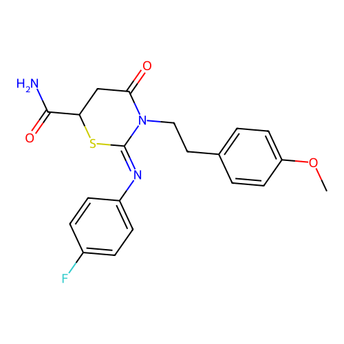 (2Z)-2-[(4-fluorophenyl)imino]-3-[2-(4-methoxyphenyl)ethyl]-4-oxo-1,3-thiazinane-6-carboxamide structure