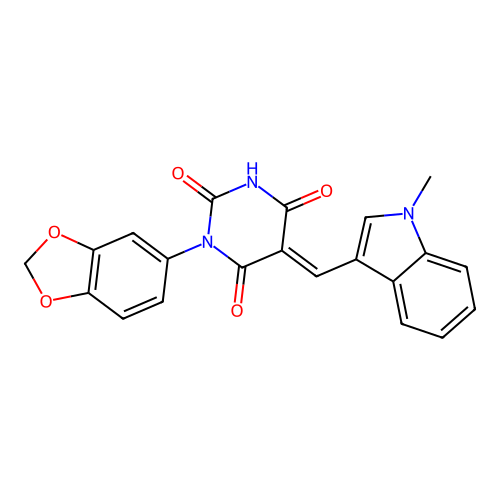 (5E)-1-(1,3-benzodioxol-5-yl)-2-hydroxy-5-[(1-methyl-1H-indol-3-yl)methylidene]pyrimidine-4,6(1H,5H)-dione structure